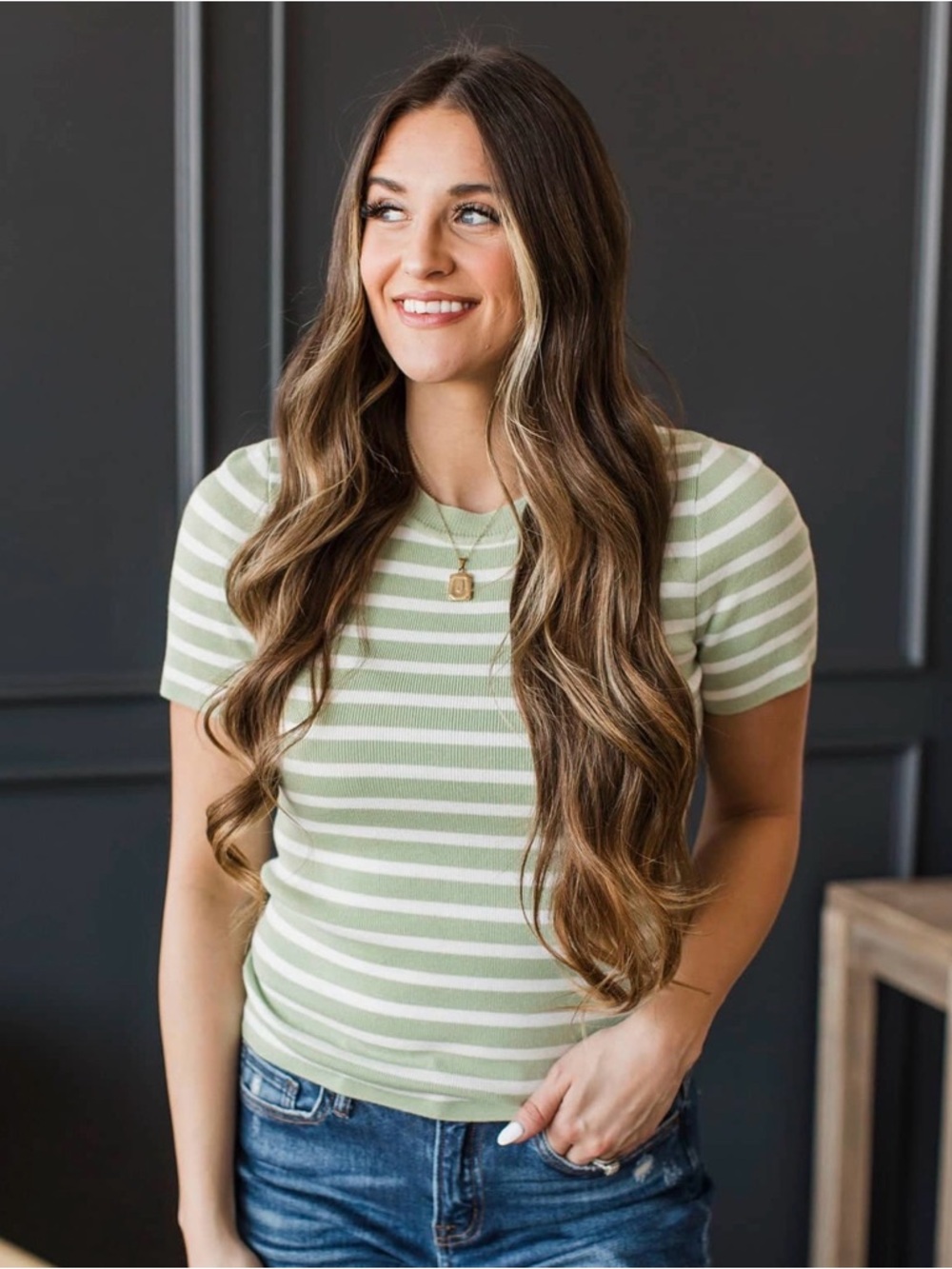 Enchanting Dreams Short Sleeve Striped Knit Top Soft Green